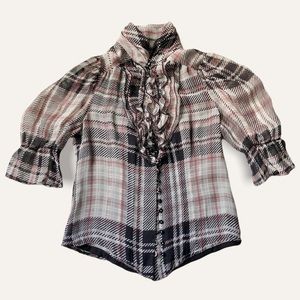 bebe Plaid Ruffle Blouse - Black, White, Red
